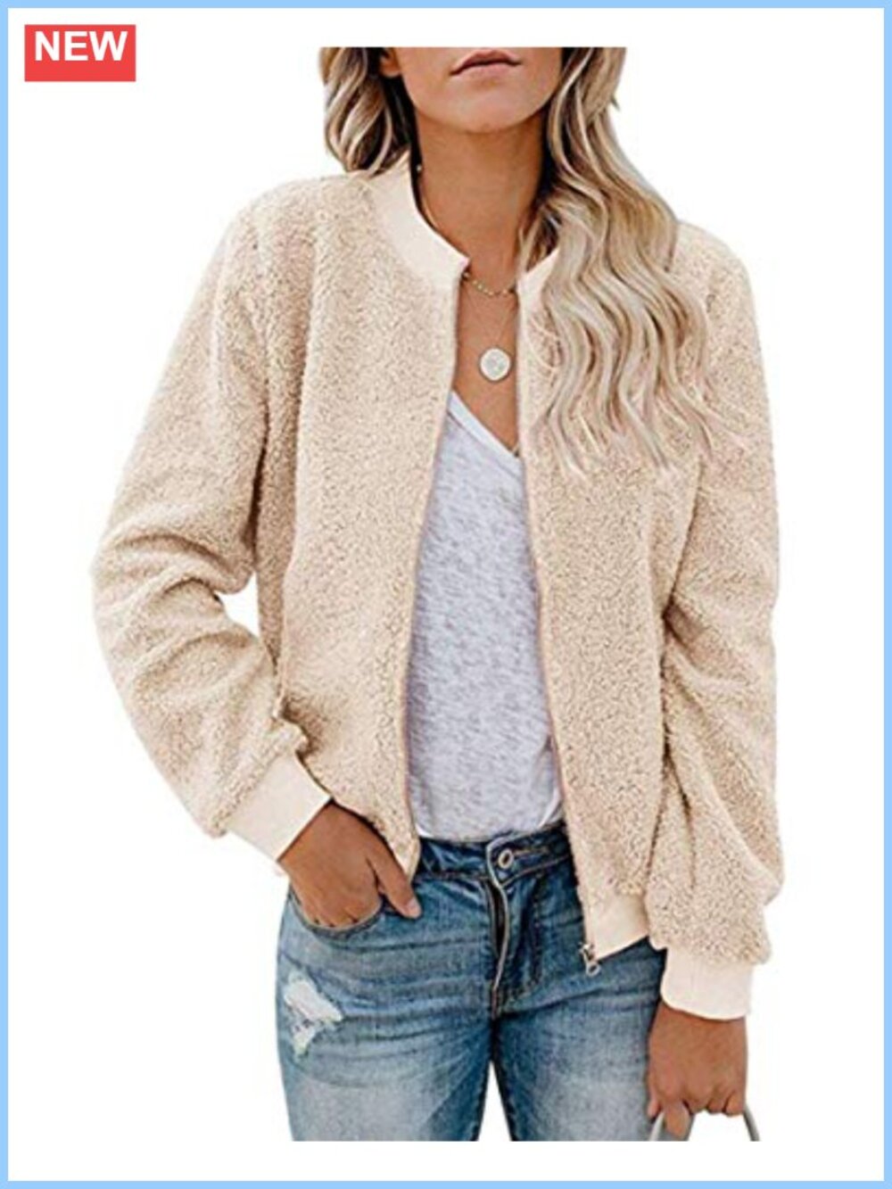Women's Fleece Bomber Jacket Casual Fuzzy Zip Up Long Sleeve Loose Fit Winter